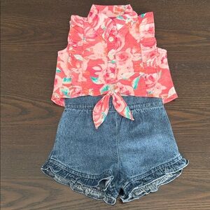 Floral Coral Top and Denim Shorts Set for Kids